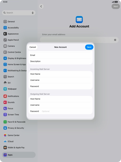 Press Password and key in the password for your email account.
