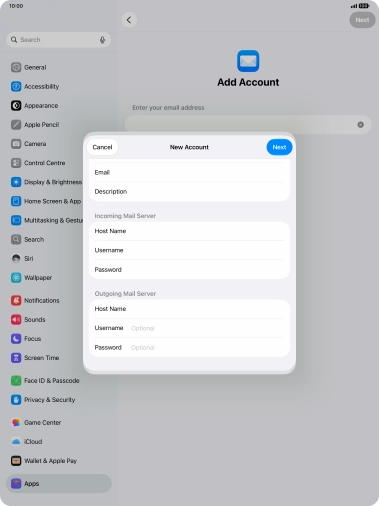 Press Username and key in the username for your email account.