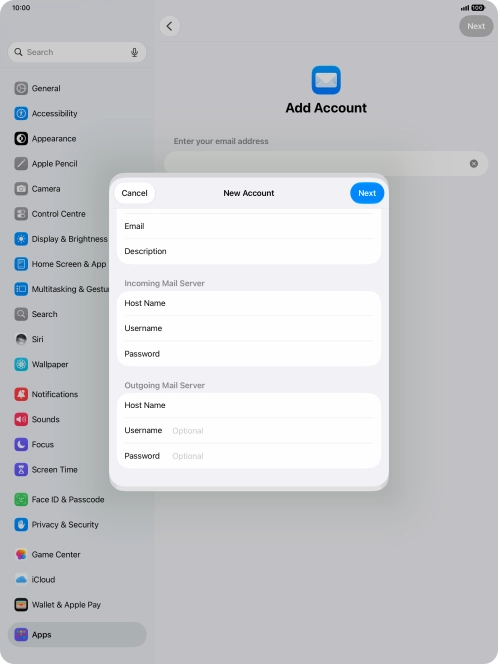 Press Username and key in the username for your email account.