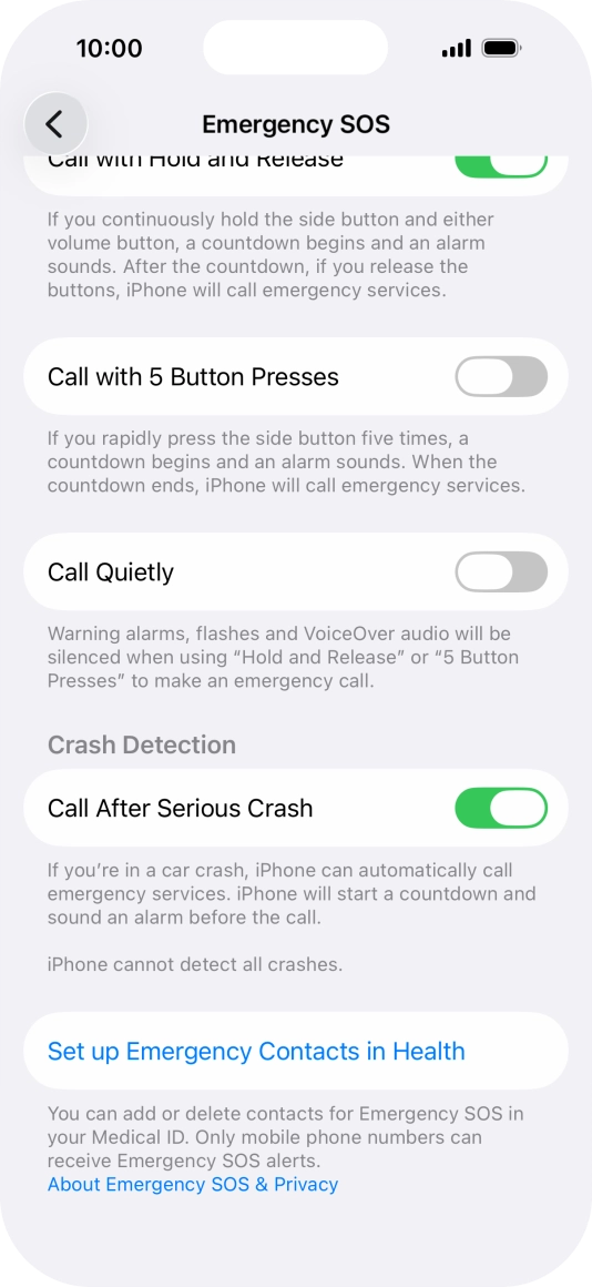 Press Set up Emergency Contacts in Health and follow the instructions on the screen to key in your emergency info and emergency contacts.