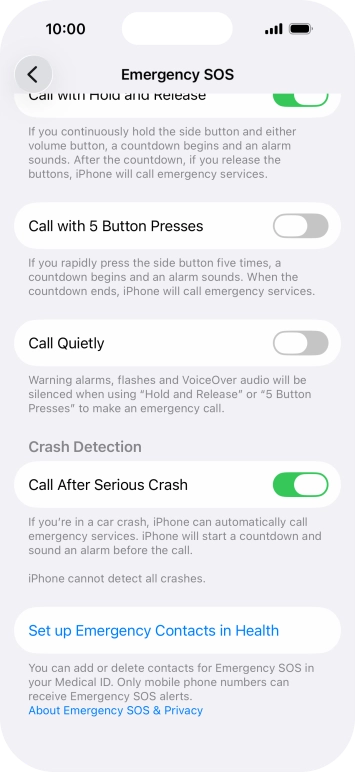 Press Set up Emergency Contacts in Health and follow the instructions on the screen to key in your emergency info and emergency contacts.