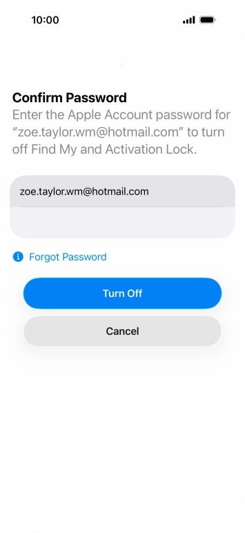 Key in the password for your Apple Account and press Turn Off. Wait a moment while the factory default settings are restored. Follow the instructions on the screen to set up your phone and prepare it for use.