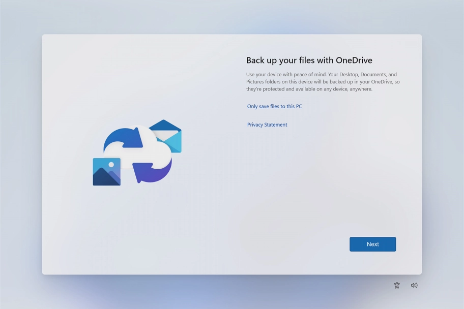 Follow the instructions on the screen if you don't want to back up your files to OneDrive or click Next.