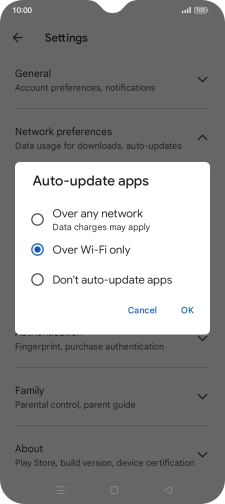 To turn on automatic update of apps using mobile network, press Over any network.