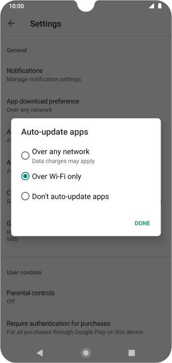 To turn on automatic update of apps using mobile network, press Over any network.