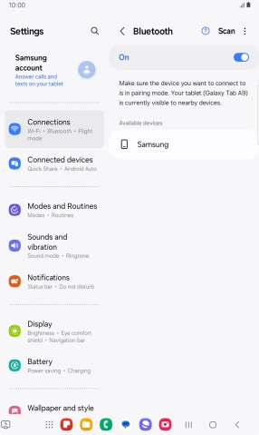 Press the required Bluetooth device and follow the instructions on the screen to pair the device with your tablet.