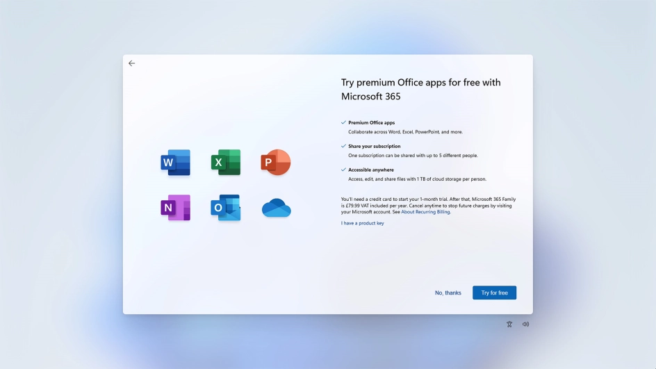 Follow the instructions on the screen to subscribe to Microsoft Office or click No, thanks.
