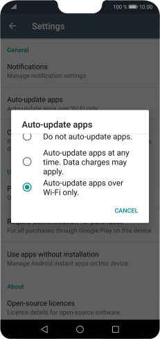 To turn on automatic update of apps using mobile network, press Auto-update apps at any time. Data charges may apply..