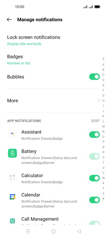 Press the indicators next to the required apps to turn the function on or off.