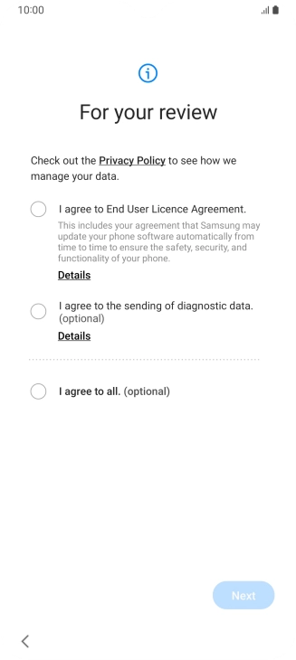 Press the fields next to the required settings to select them.