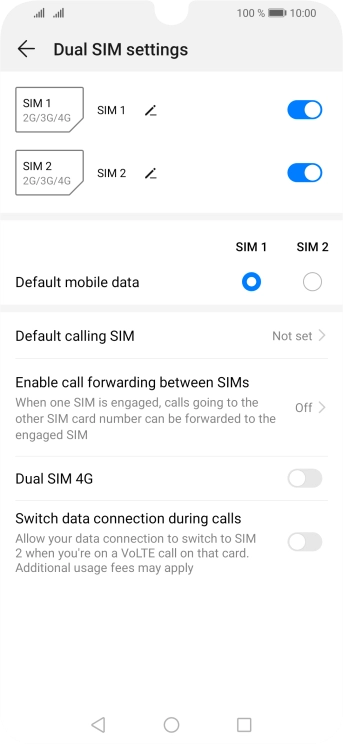 Press the indicator next to the required SIM to turn use of the SIM on or off.