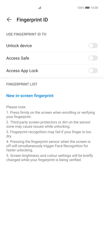 Press New in-screen fingerprint.