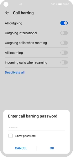 Key in your barring password and press OK.