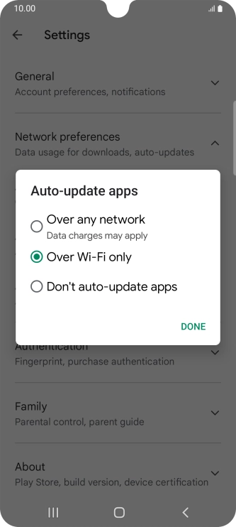 To turn on automatic update of apps using mobile network, press Over any network.