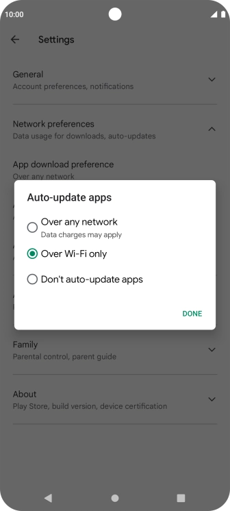 To turn on automatic update of apps using mobile network, press Over any network.