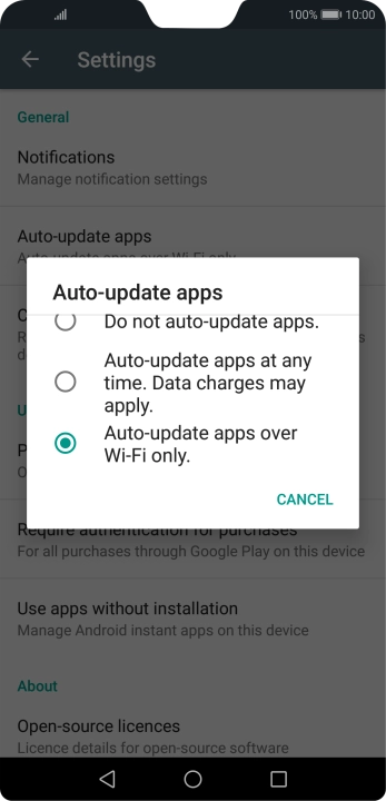 To turn on automatic update of apps using mobile network, press Auto-update apps at any time. Data charges may apply..