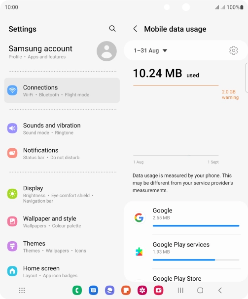 The data usage for each application is displayed below the name of the application.