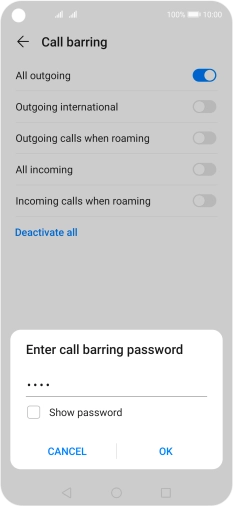 Key in your barring password and press OK.