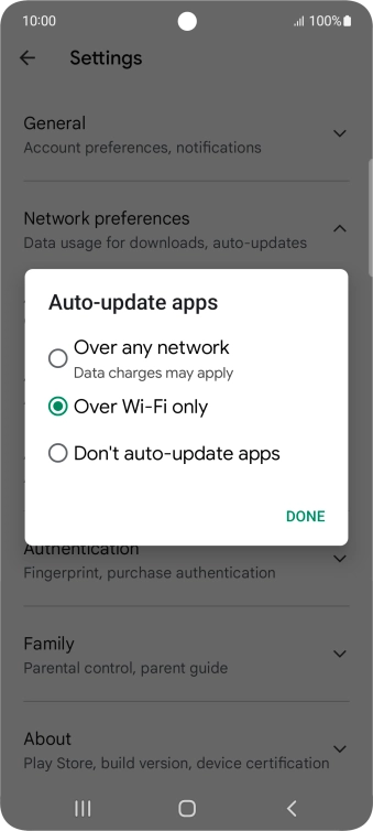 To turn on automatic update of apps using mobile network, press Over any network.