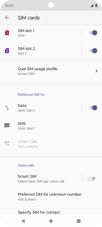 Press the indicator next to the required SIM to turn use of the SIM on or off.