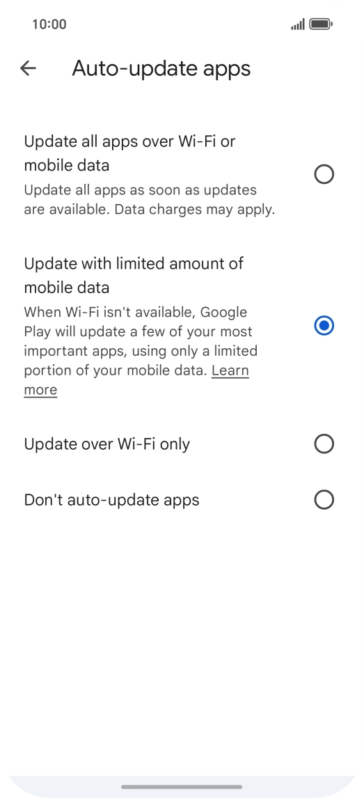 To turn on automatic update of apps using mobile network, press Update all apps over Wi-Fi or mobile data.