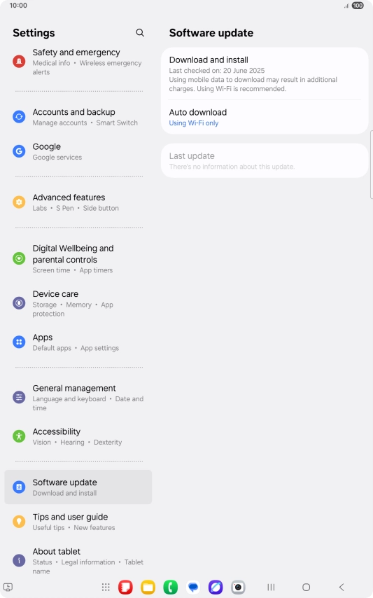 Press Download and install. If a new software version is available, it's displayed. Follow the instructions on the screen to update the tablet software.
