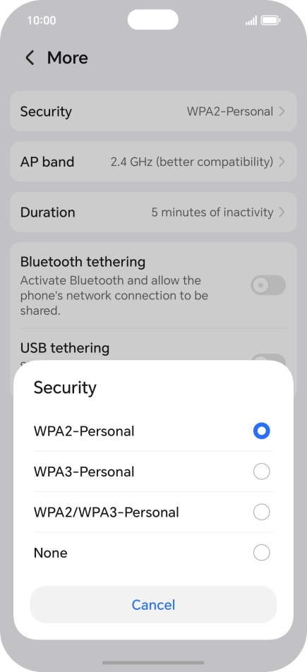Press WPA3-Personal to password protect your Wi-Fi hotspot.