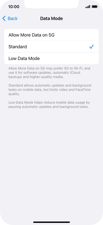 Press the required setting.
