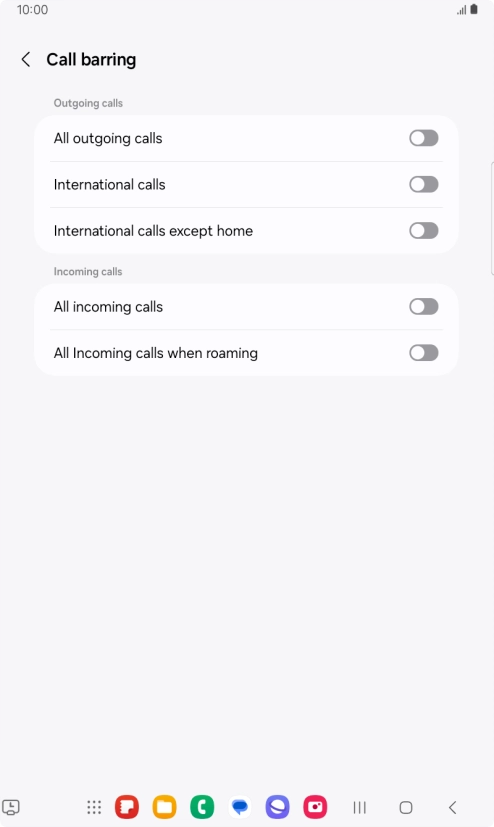 Press the indicator next to the required barring type to turn the function on or off.