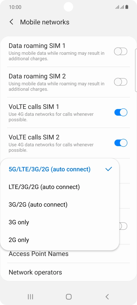Press the required network mode.
