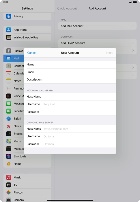 Press Username and key in the username for your email account.