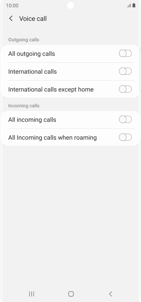 Press the indicator next to the required barring type to turn the function on or off.