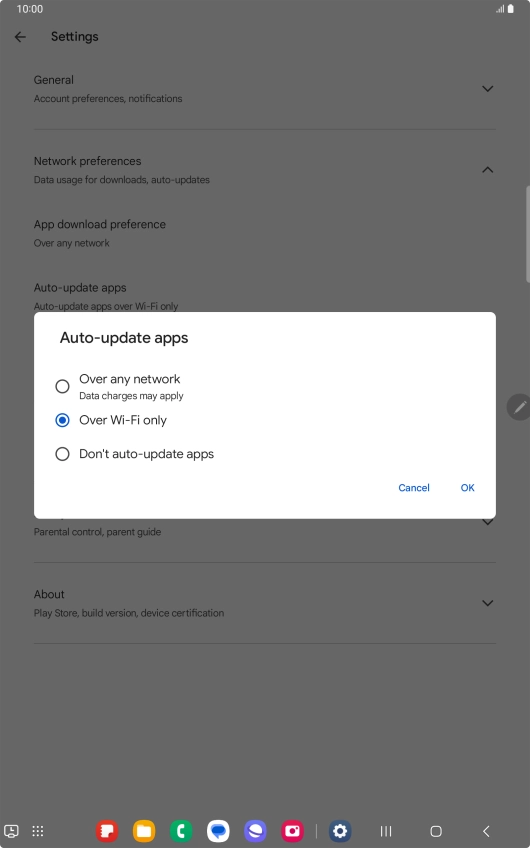 To turn on automatic update of apps using mobile network, press Over any network.