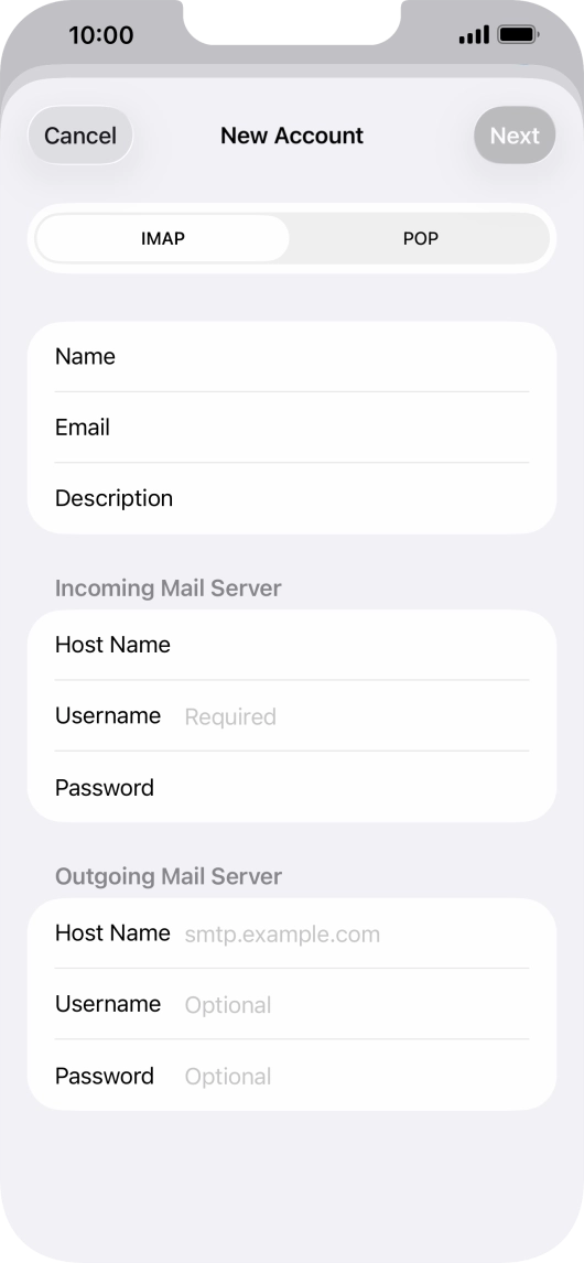 Press Username and key in the username for your email account.