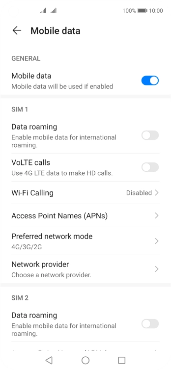 Press Preferred network mode below the required SIM.