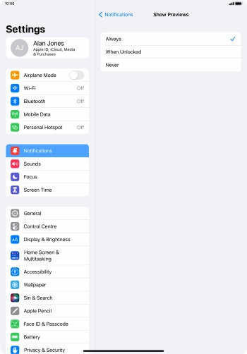 To select notification preview on the lock screen, press Always.