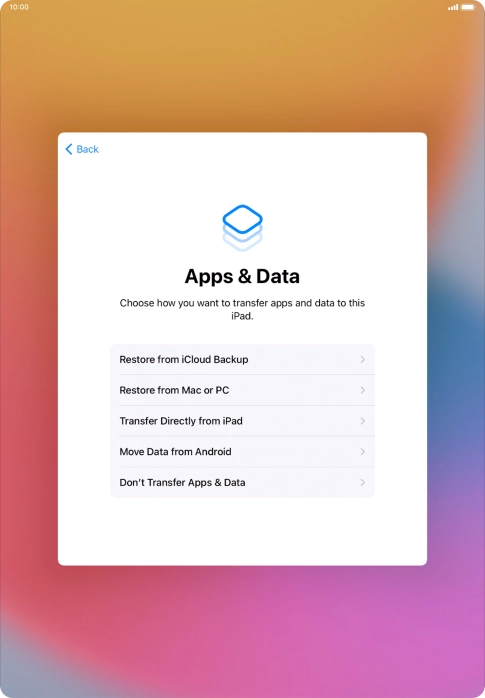 You can restore content from an iCloud backup when your tablet is activated for the first time and after a factory reset. When this screen is displayed, your tablet is ready to restore content from an iCloud backup.