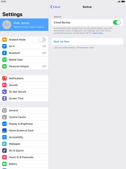 Press Back Up Now and wait while the tablet memory is backed up.