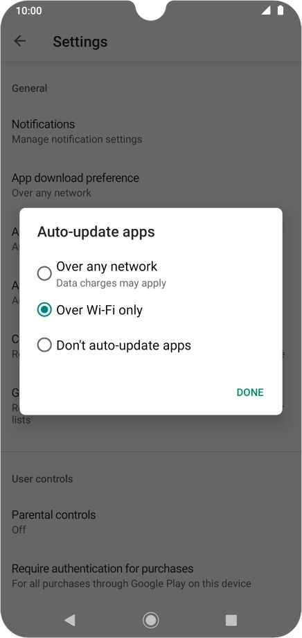 To turn on automatic update of apps using mobile network, press Over any network.