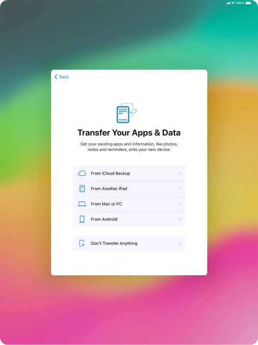 You can transfer the contents of an Android device to your tablet when it's activated for the first time and after a factory reset. When this screen is displayed, your tablet is ready to transfer contents from an Android device.
