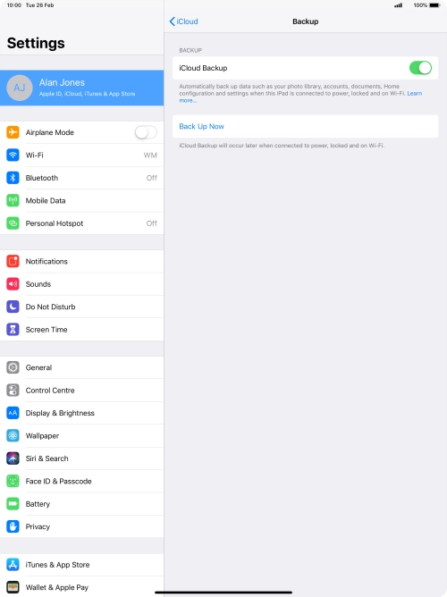Press Back Up Now and wait while the tablet memory is backed up.