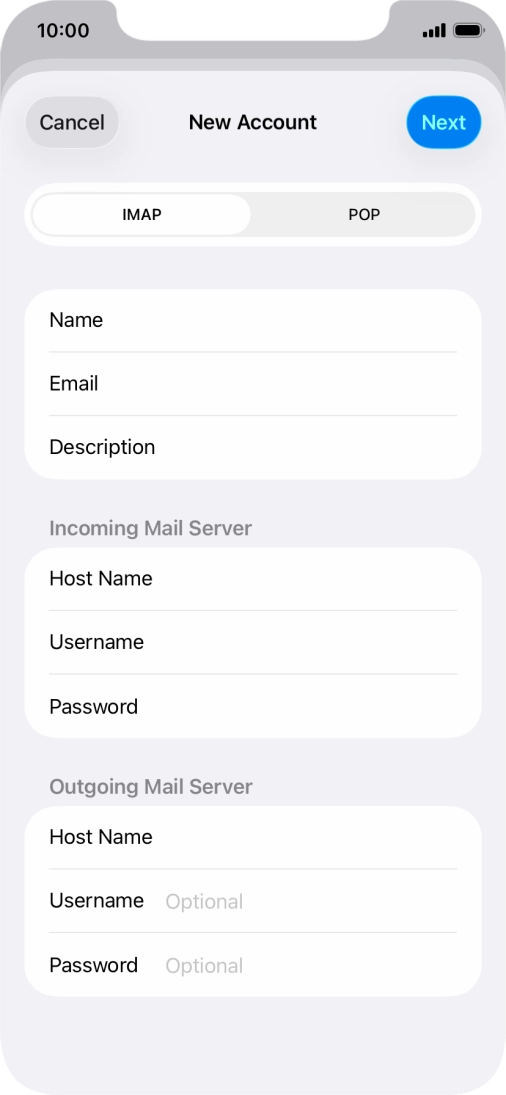 Press Username and key in the username for your email account.