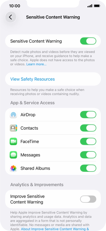 Press the indicators next to the required applications to turn the function on or off.