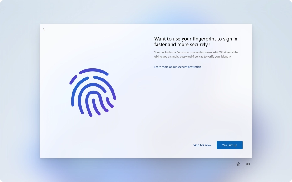 Follow the instructions on the screen to add a fingerprint for unlocking your laptop or click Skip for now.