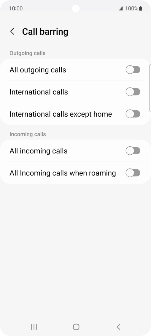 Press the indicator next to the required barring type to turn the function on or off.