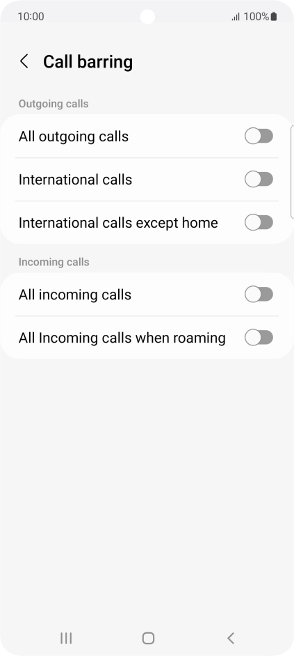 Press the indicator next to the required barring type to turn the function on or off.
