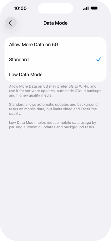 Press the required setting.