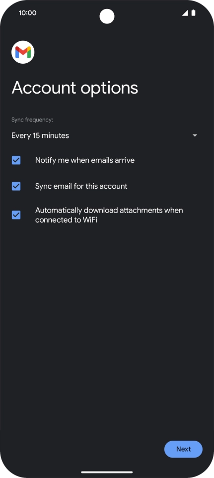 If this screen is displayed, you email account has been recognised and set up automatically. Follow the instructions on the screen to key in more information and finish setting up your phone.