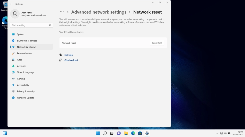 Click Reset now.