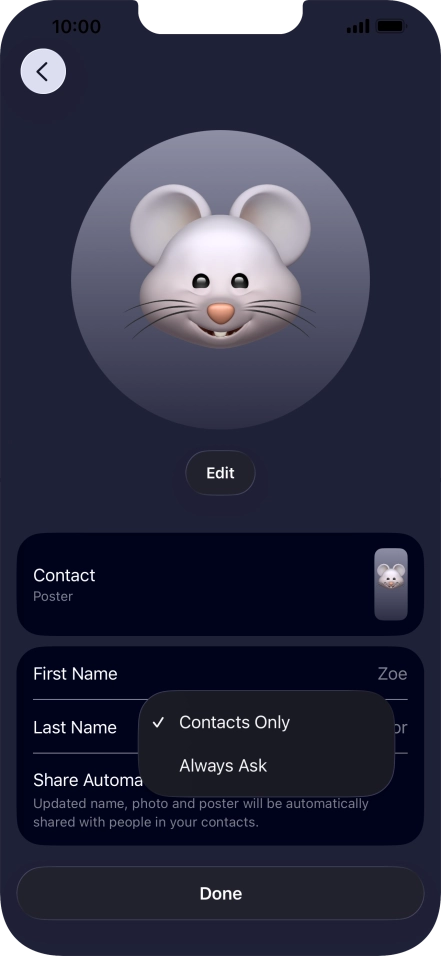 Press the required setting.